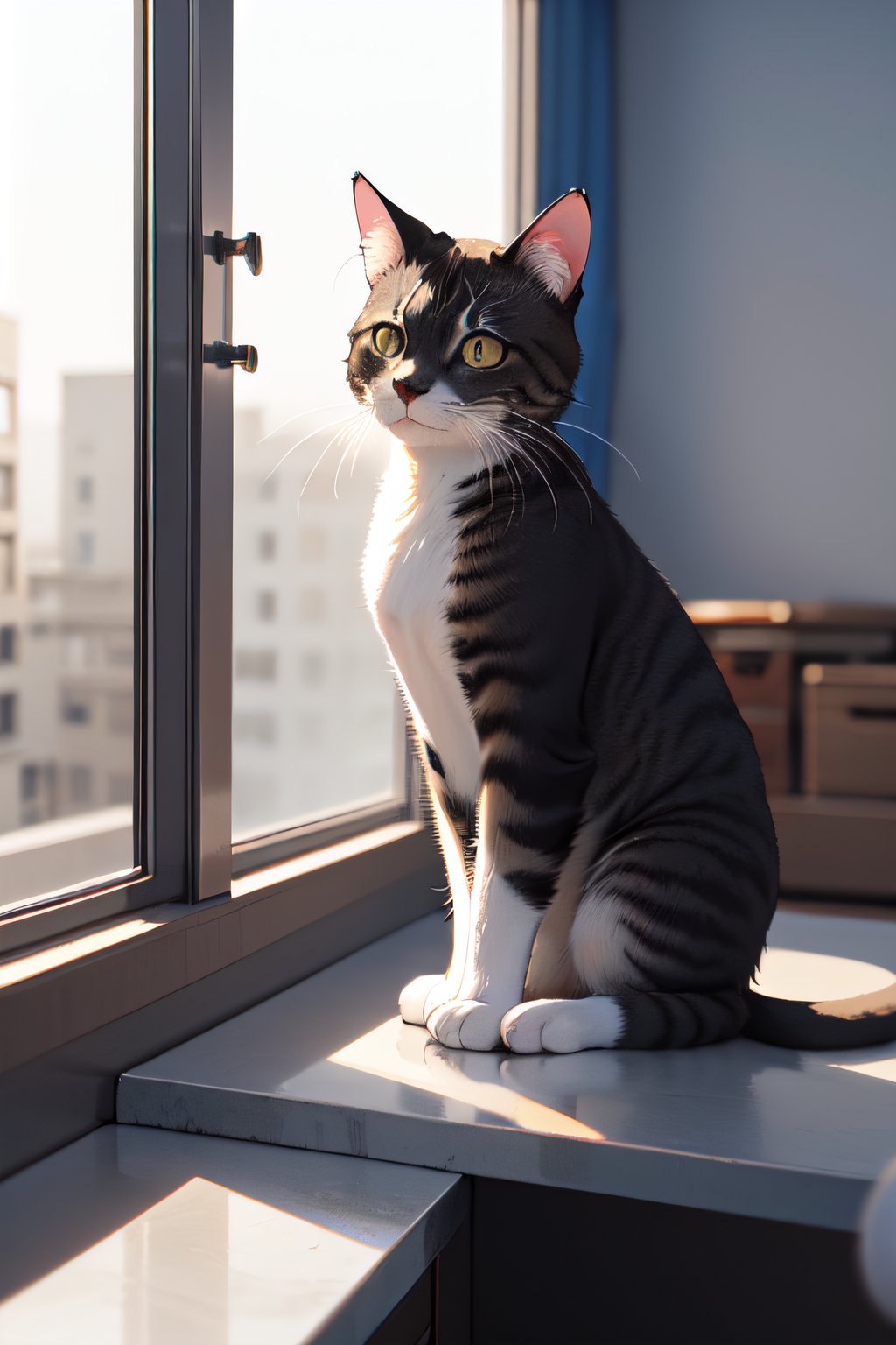 A 3D rendering of a cat sitting on a windowsill in minimalist style with high resolution.