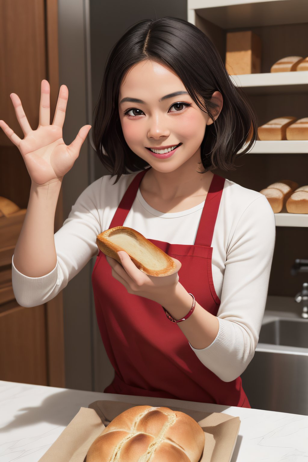 filipina lady eating a bread ((smiling while looking in the bread)) ((clear hand)) ,ActionFigureQuiron style