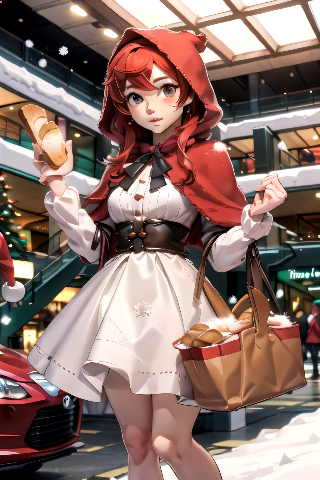 Christmas design with Bread as the main event ((high quality)) ((snow style)) ((inside mall background)),RedHoodWaifu,yofukashi background