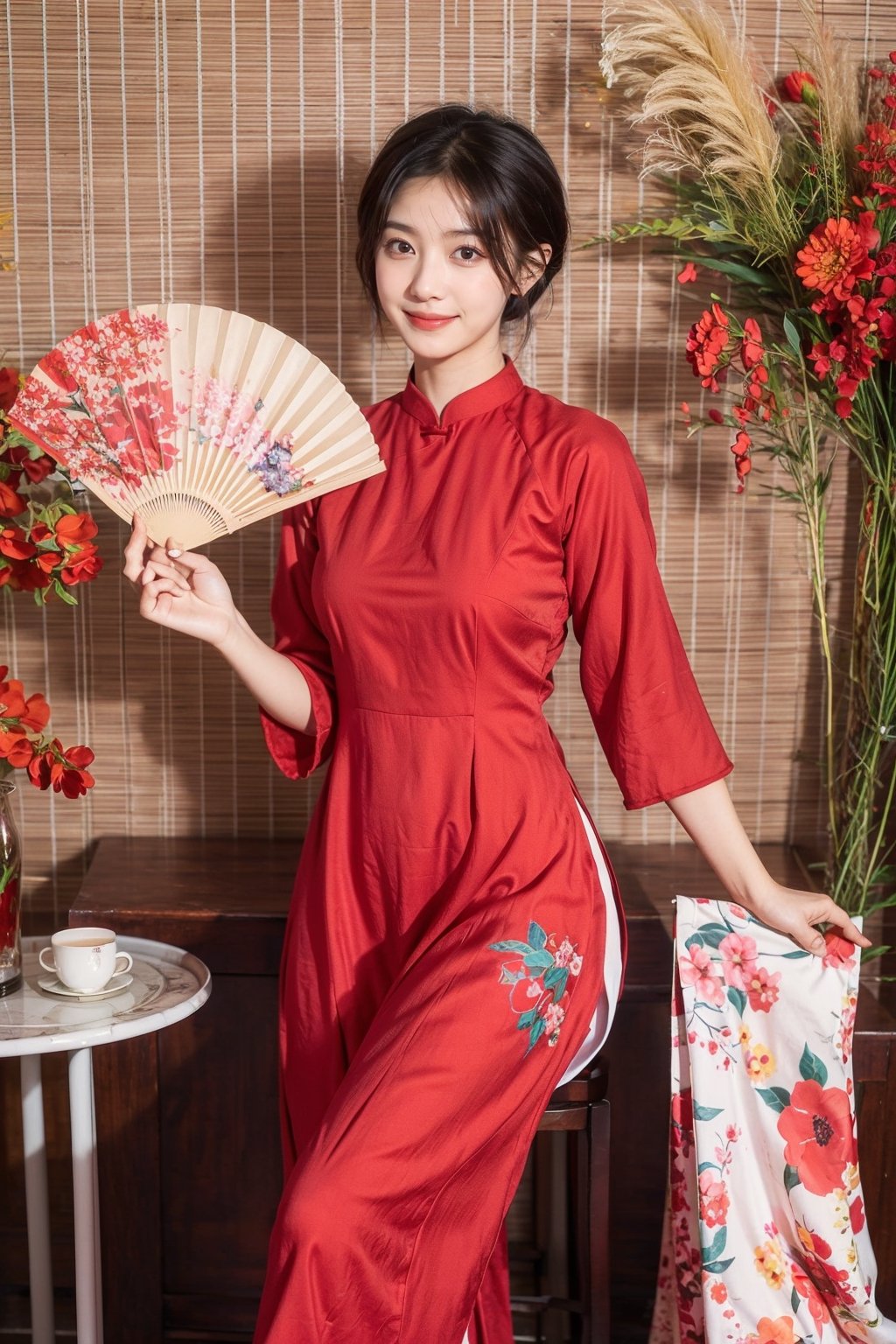 masterpiece, best quality, 1girl, solo, short hair, black hair, sitting, indoors, chair, floral print, table, plant, holding hand fan, red aodai,aodaicuoi, smile, holdinghands