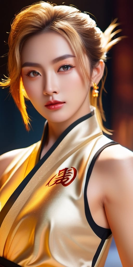 ((masterpiece)),((best quality)), 8k, high detailed, ultra-detailed, A girl in Kung Fu attire, ((golden hair, shimmering eyebrows, electric aura), (vibrant eyes, muscular physique, radiant aura)), radiant Kung Fu girl.