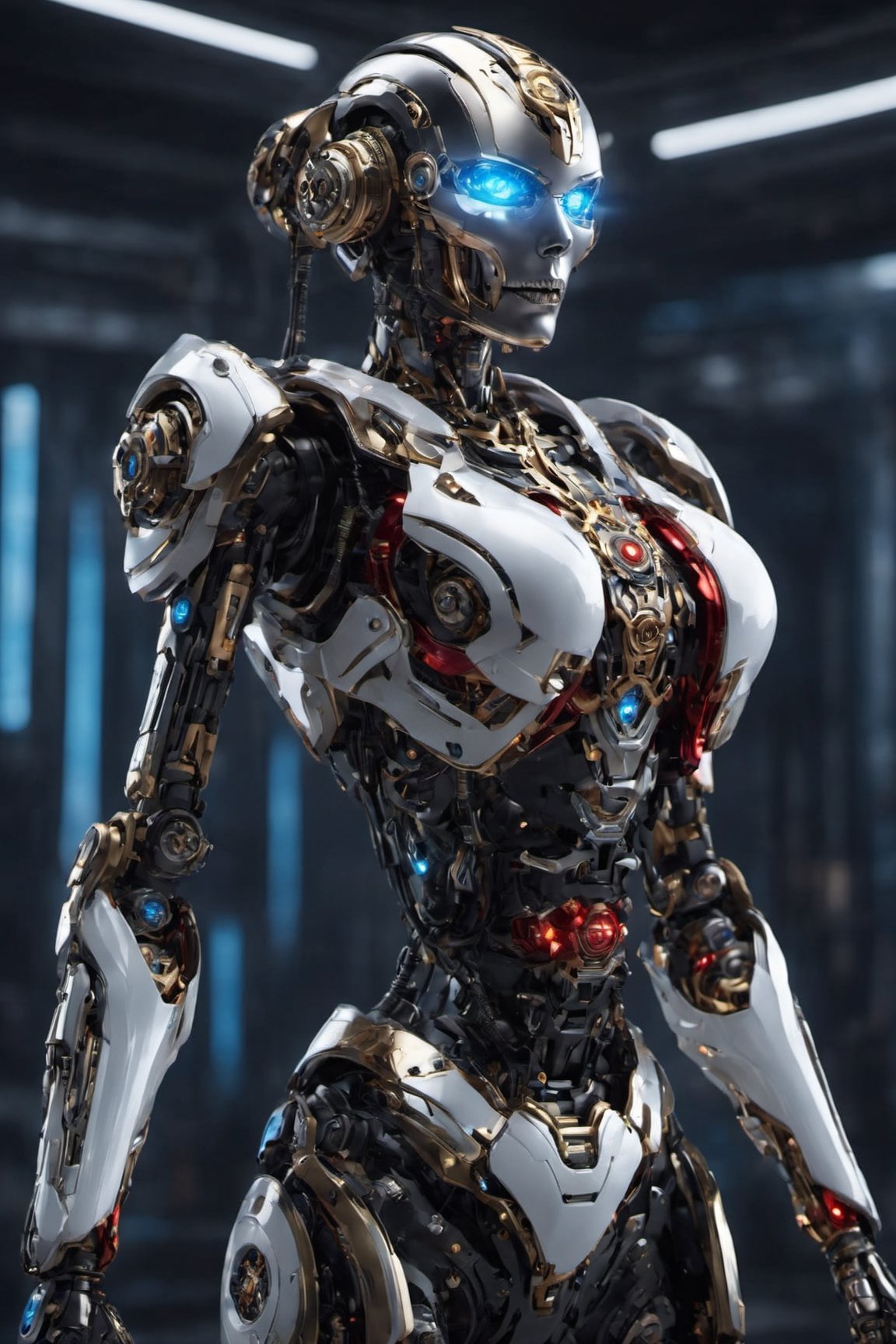 Best quality, masterpiece, ultra high res, (photorealistic:1.37), raw photo, (wide angle shots:1.37), (full body shots:1.38), (1girl:1.38), (hi-tech mechanical make face with blue neon light eyes:1.35), futuristic female cyborg with a tincture for her nose wearing a metral mask, white metallic body, hi-tech biometric glowing,  ((big breast size:1.35)), (black and white metallic color otherwoeldly features and cutting-edge technology:1.35), teats、cyberpunked、Ultra-shiny ultra-hard Transformers cyborg body、((neon light translucent from join:1.34)), (Storing weapons in the body:1.33)、black and red ratio ratio、face perfect, cleavage showing Superhero costume with intricate details, sensual pose, dynamic lighting, in the dark, deep shadow, low key, Tied waist、Colossal tits、(Ultra-shiny black and white colored titanium cyborg body covering the body:1.5)、((machine made joints:1.33)), ((machanical limbs)), ((mechanical cervial attaching to neck)), (wires and cables attaching to neck:1.33), (wires and cables on head:1.33), (character focus), science fiction, extreme detailed, highest detailed, perfect foot、perfect hand、Clean facial skin, A futuristic, depth of fields, reflective light, retinas, , awardwinning, hight resolution, cinematic image, (dynamic lighting to body:1.35), battelfield background, \,Movie Still,cyborg style,IMGFIX,Skull Head