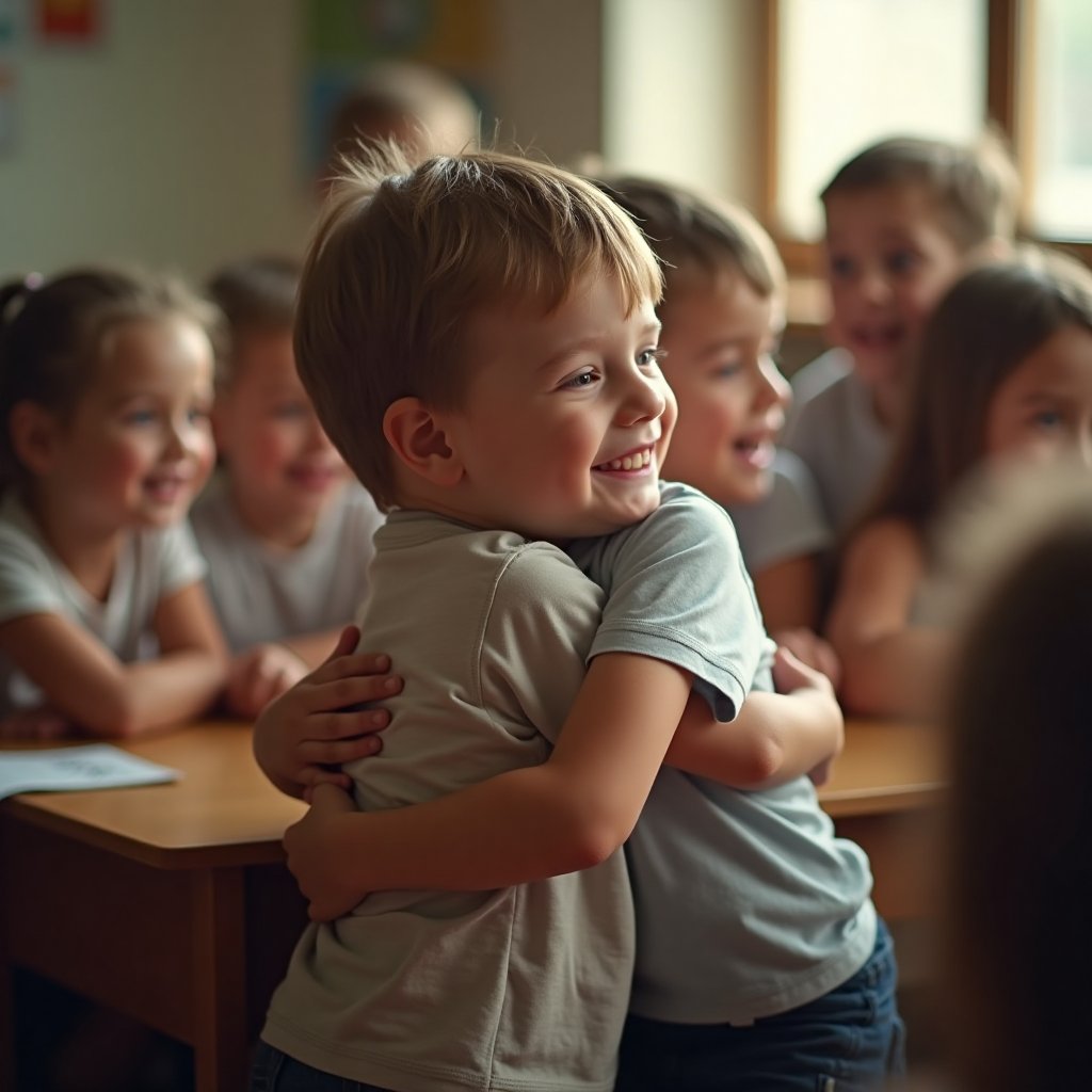 11 YEARS OLD, open shirt, A tender moment captured in a warm and cozy classroom setting. A small boy, surrounded by (((LITTLE KIDS))), hesitantly opens his arms to receive a loving hug from his brother, the only one who knows how to make him feel safe and understood. The soft lighting casts a gentle glow on their joyful reunion, while the composition emphasizes the intimacy of the moment, with the family bond at its core.