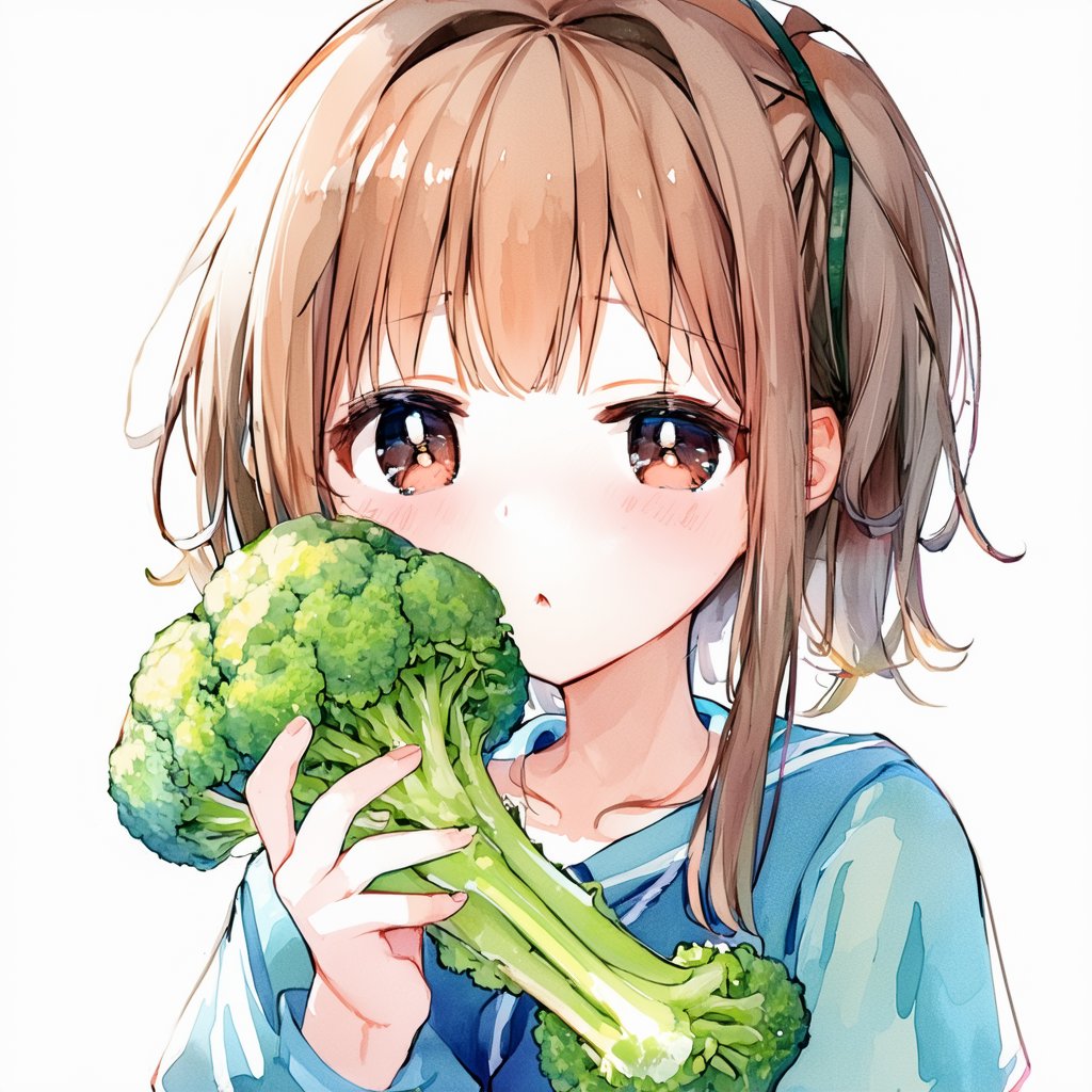 kawaii anime girl is holding broccoli, sad, Visual style: Watercolor-inspired, soft focus.