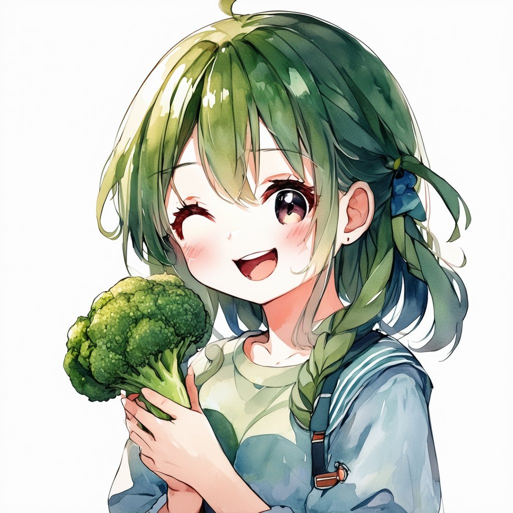 kawaii anime girl is holding broccoli, happy, Visual style: Watercolor-inspired, soft focus.