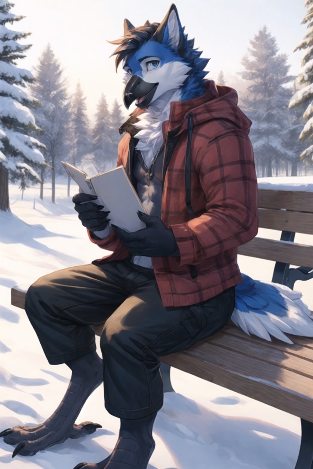 sciamano240, soft shading, anthro_bird, anthrofur, #hi2024,  #newyear, An anthropomorphic bird sitting on a snowy park bench in the morning