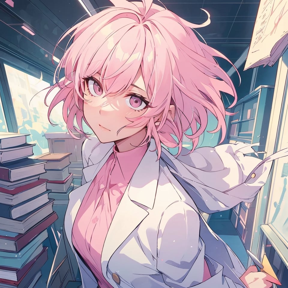 masterpiece, best quality, ultra detailed, 1 old woman, very detailed, perfect face, short hair, pastel pink hair, pink eyes (perfect female body), wearing a white lab coat, diligent student, messy hair, carrying books and chemicals, dark environments, little light