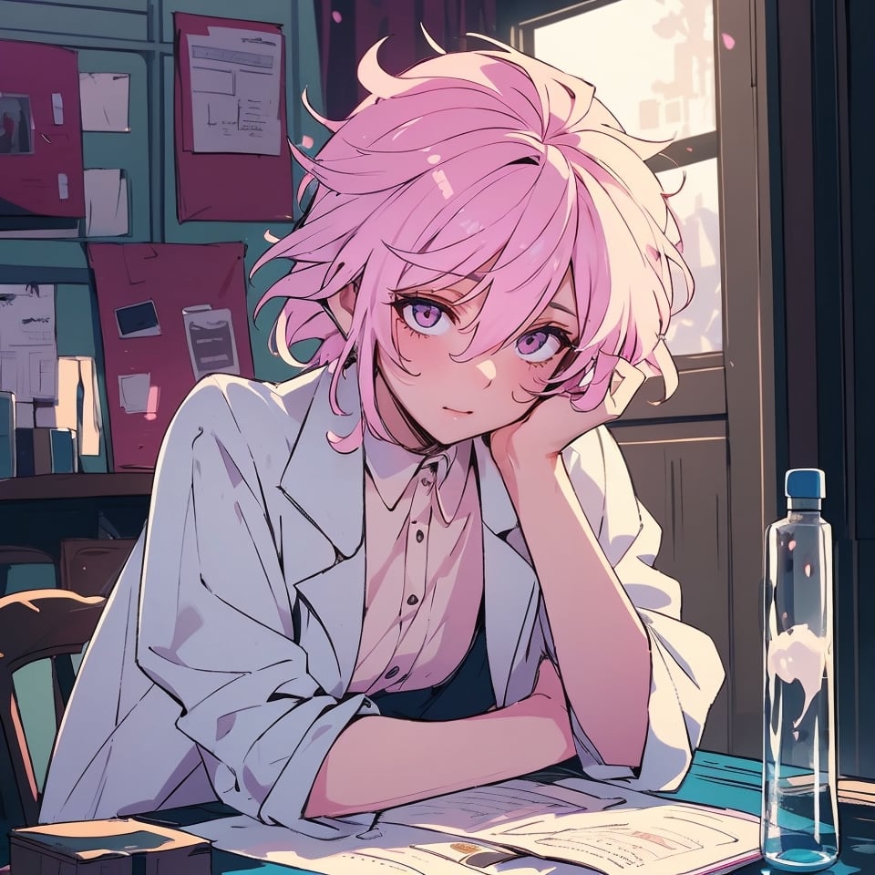 masterpiece, best quality, ultra detailed, 1 old woman, highly detailed, perfect face, short hair,  pastel pink hair, pink eyes (perfect female body), wearing a white lab coat, diligent student, messy hair, working on a table with various chemicals, messy place, dark environments, darkness, dim light