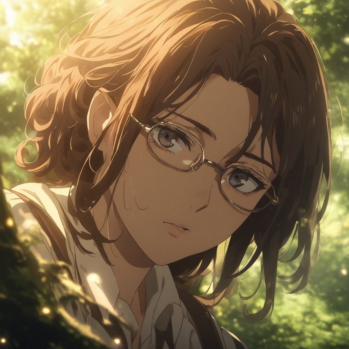 masterpiece, best quality, ultra detailed, 1woman, highly detailed, perfect face, long brown curly hair, black eyes,(perfect female body), glasses, . particles in the environment, perfect lighting.  score_9,shingeki_no_kyojin_s4_style