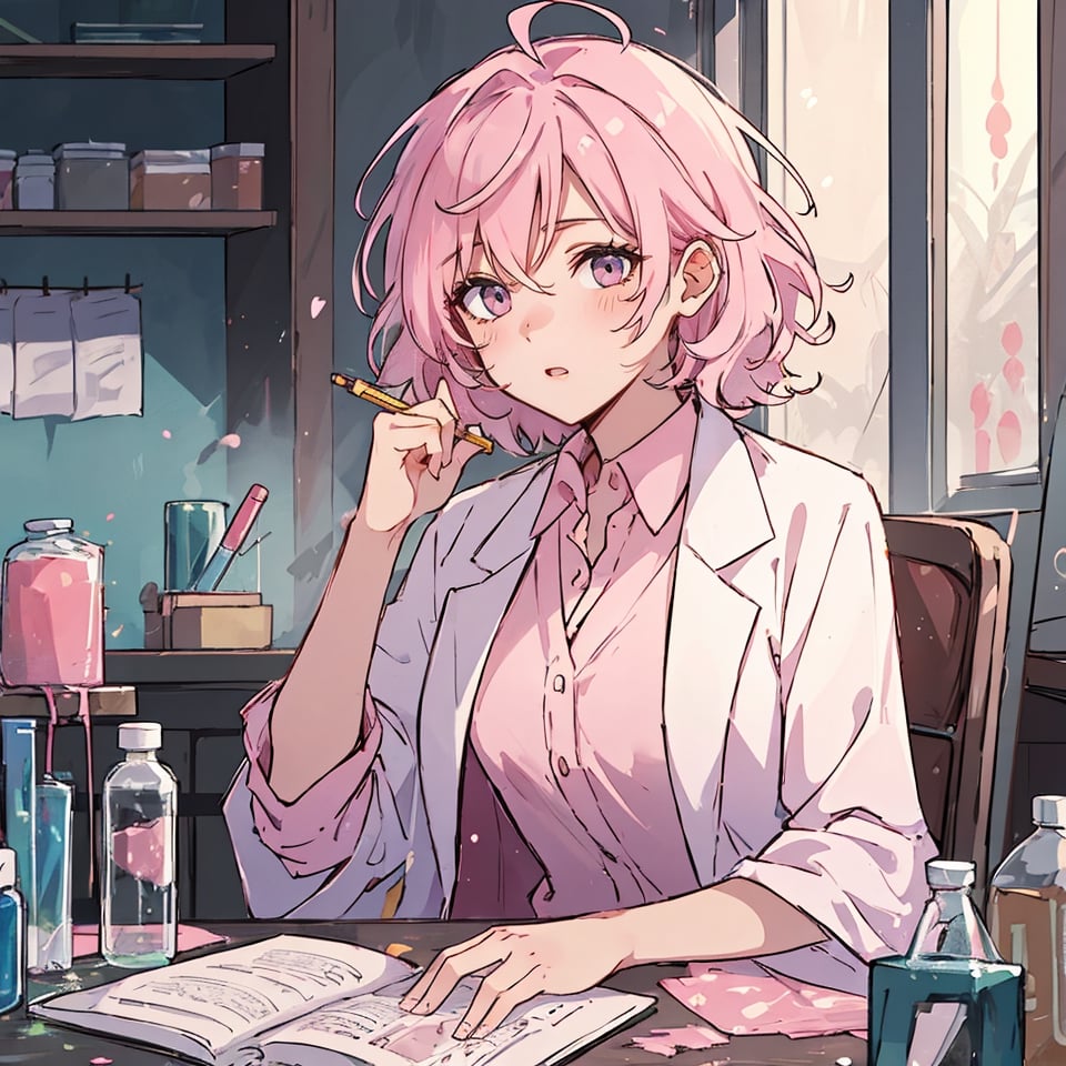 masterpiece, best quality, ultra detailed, 1 old woman, highly detailed, perfect face, short hair,  pastel pink hair, pink eyes (perfect female body), wearing a white lab coat, diligent student, messy hair, working on a table with various chemicals, messy place, dark environments, darkness, dim light,