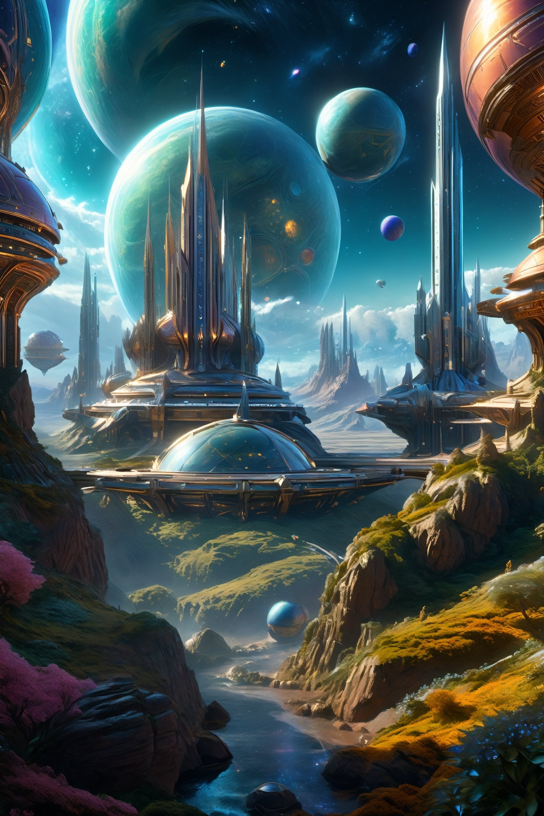 retro scifi landscape,  beautiful colours,  sharp textures by A.I. DIGITAL ARTS N.Y on Tensor.Art