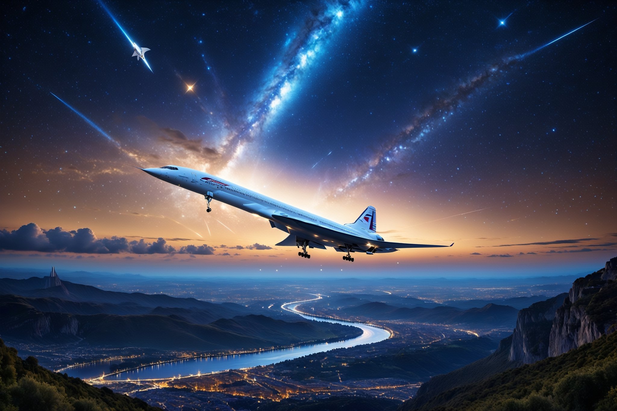 Envision a captivating night scene passenger concorde plane gracefully soaring through a star-studded sky,  leaving trails...