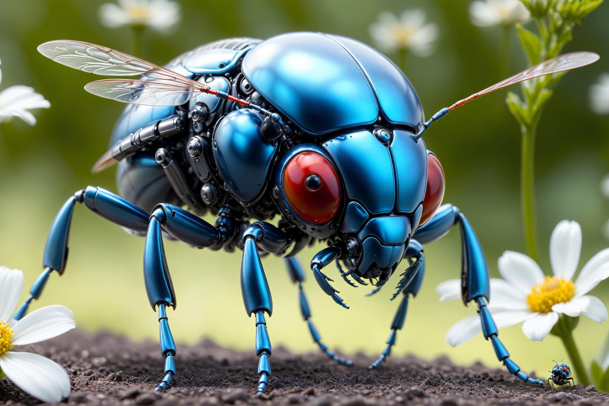 cinematic,  background blur garden with WHITE flowers,  chrome robotic body metal flying beetle RED BLUE and black color b...