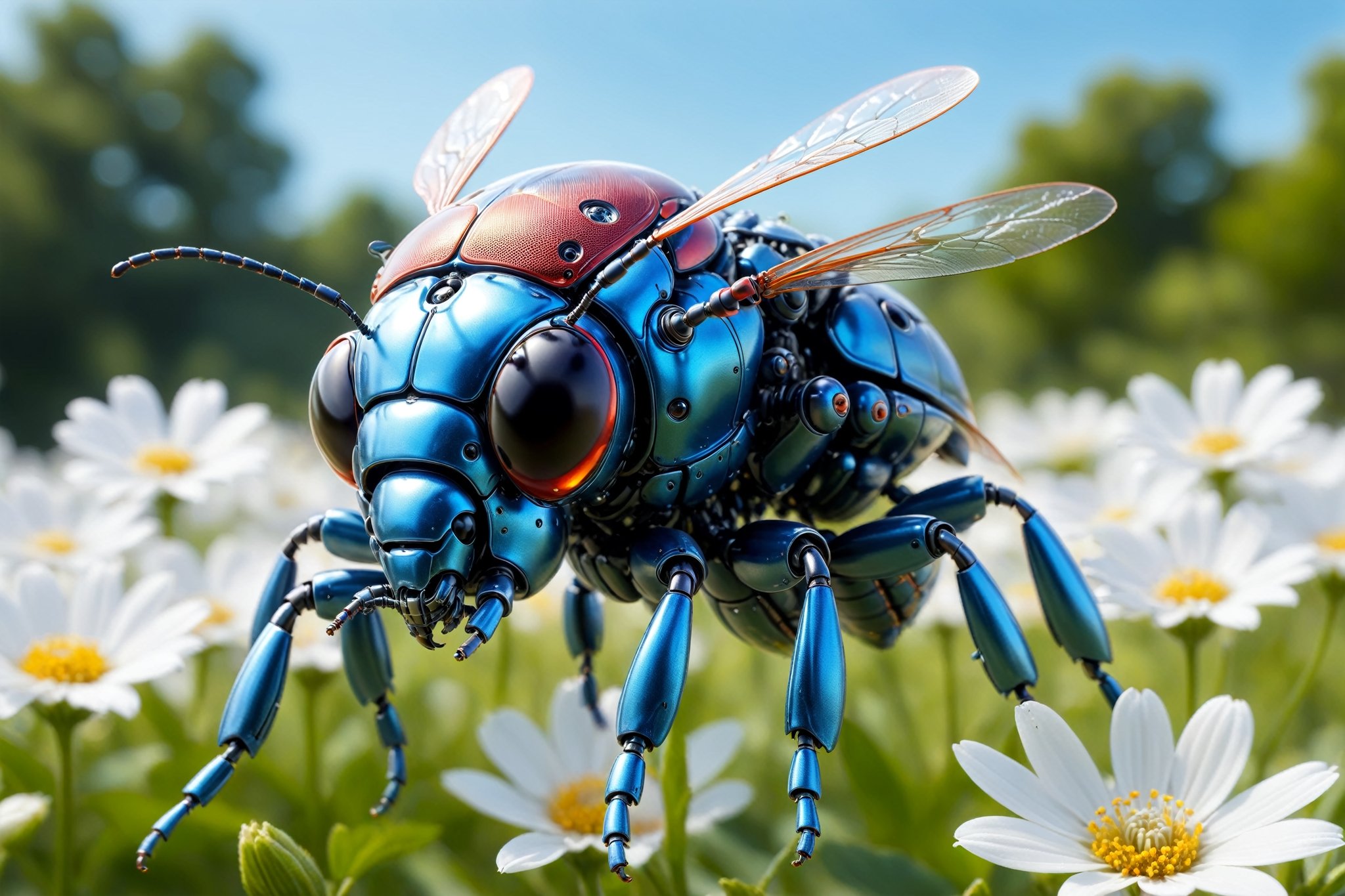 cinematic,  background blur garden with WHITE flowers,  chrome robotic body metal flying beetle RED BLUE and black color b...