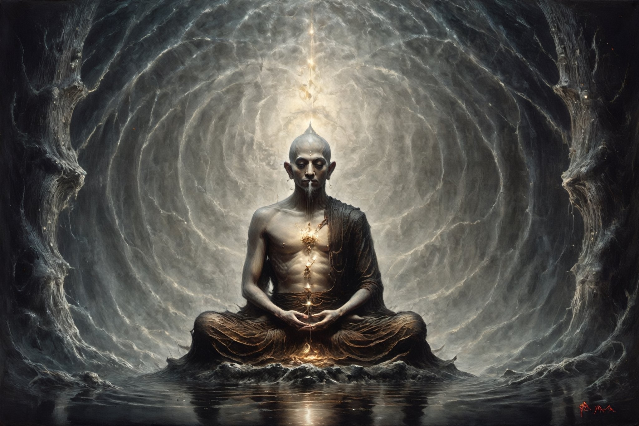 astrar body monk,monk doing zazen meditation
,back ground Lotus NEVULA, heightened  consciousness,other dimensions, ,Obsidian Enigma Art Style,