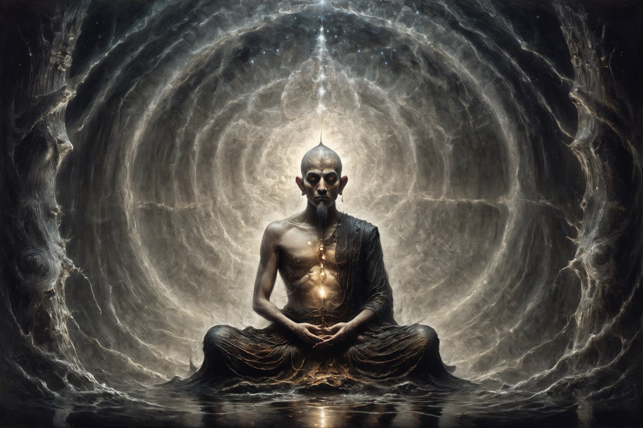 astrar body monk,monk doing zazen meditation
,back ground Lotus NEVULA, heightened  consciousness,other dimensions, ,Obsidian Enigma Art Style,