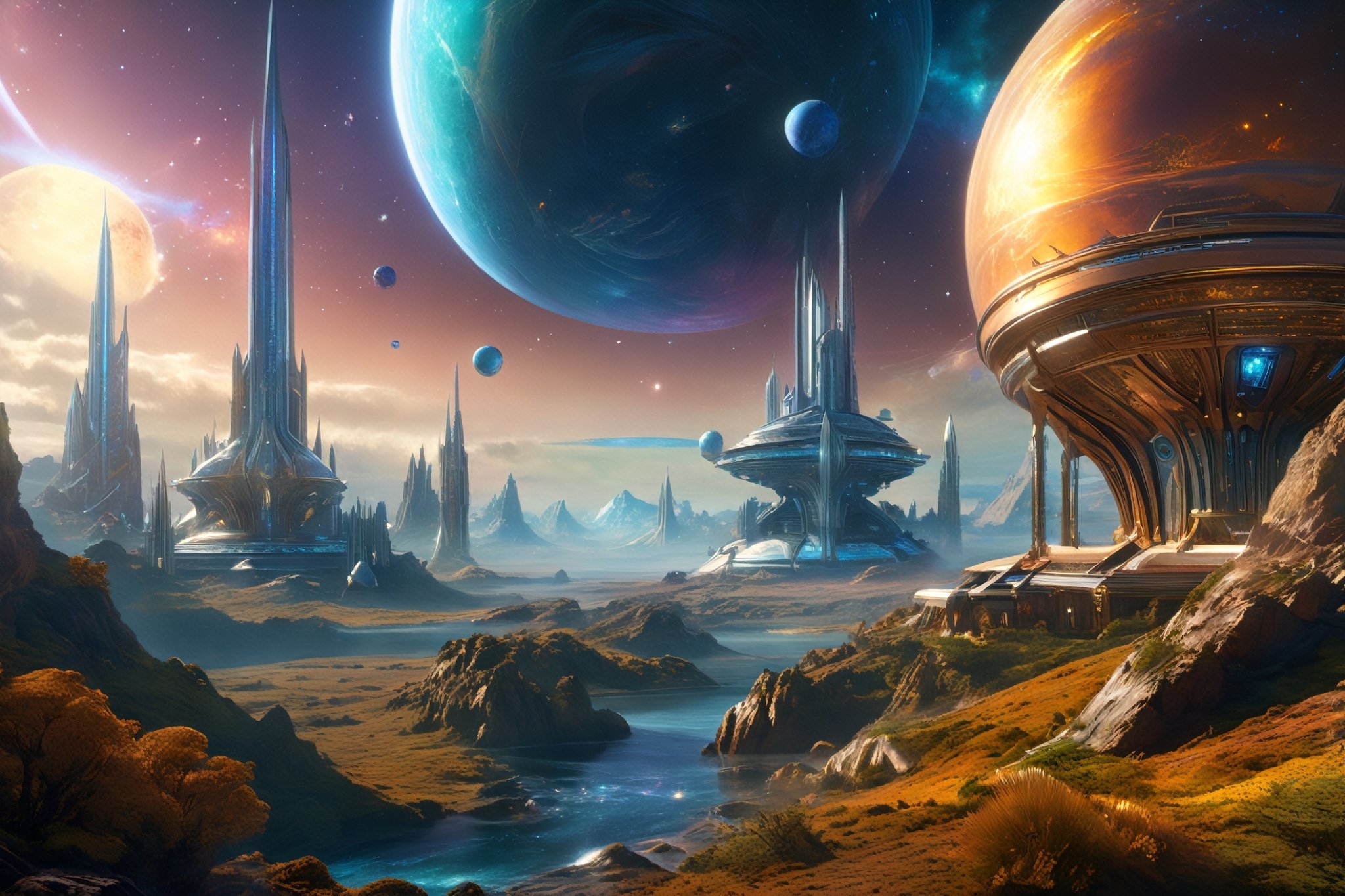 retro scifi landscape,  beautiful colours,  sharp textures by A.I. DIGITAL ARTS N.Y on Tensor.Art