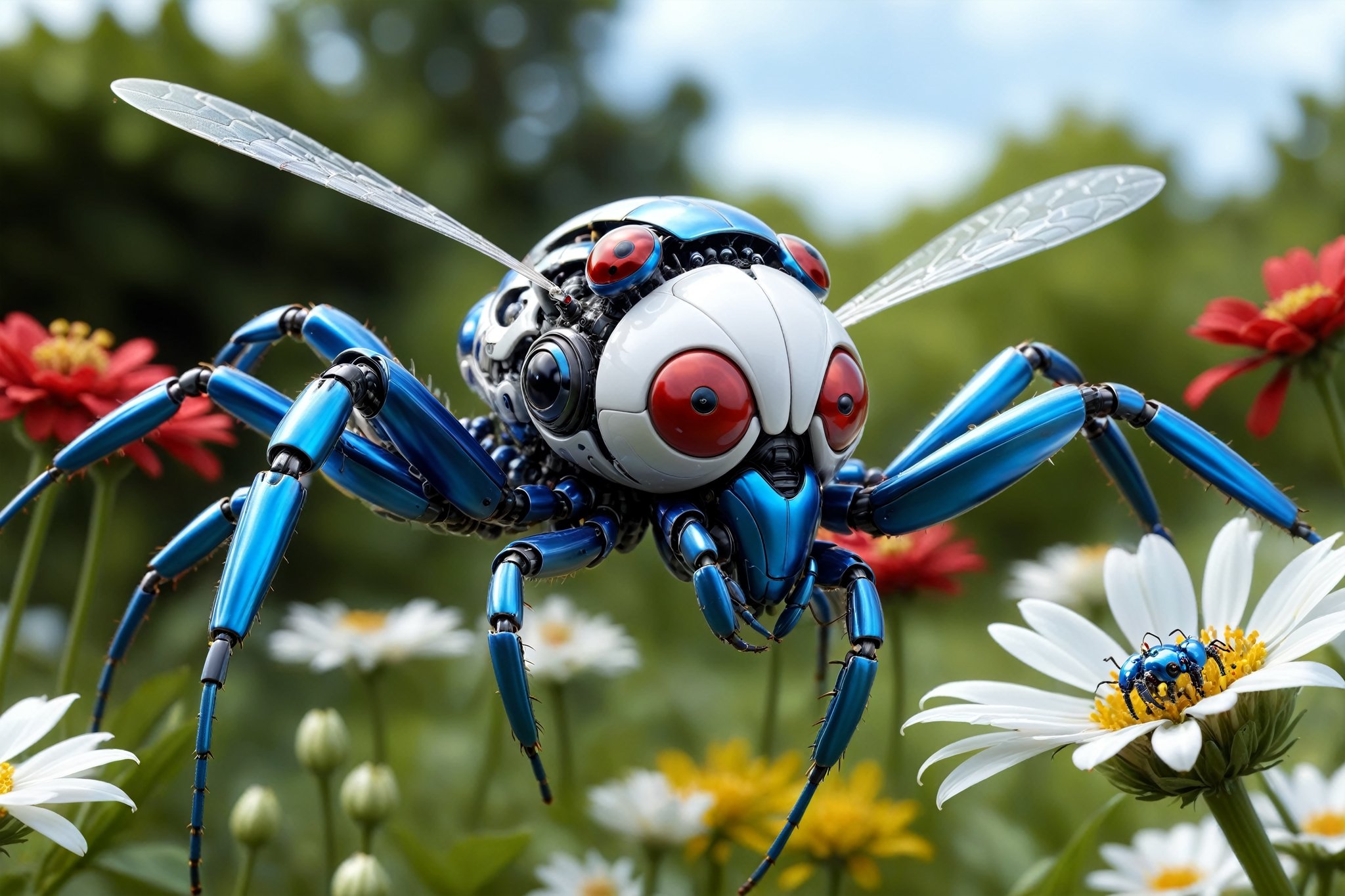cinematic,  background blur garden with WHITE flowers,  chrome robotic body metal flying SPIDERS RED BLUE and black color...