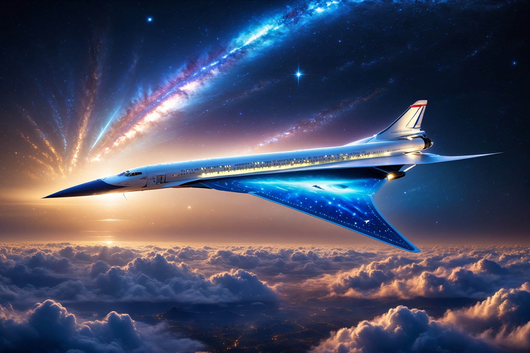 Envision a captivating night scene passenger concorde plane gracefully soaring through a star-studded sky,  leaving trails...