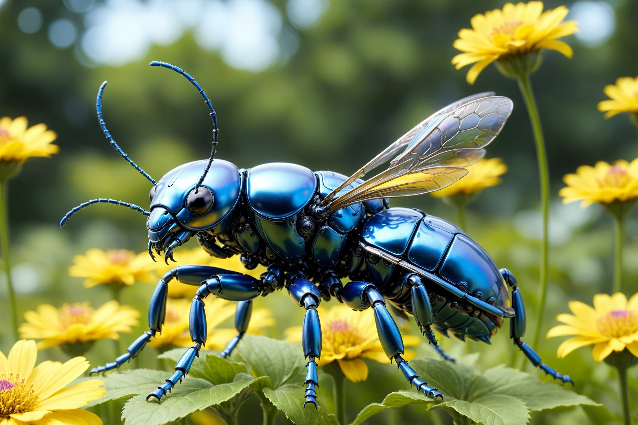 cinematic,  background blur garden with flowers,  chrome robotic body metal stag beetle BLUE YELLOW and black color by A.I...