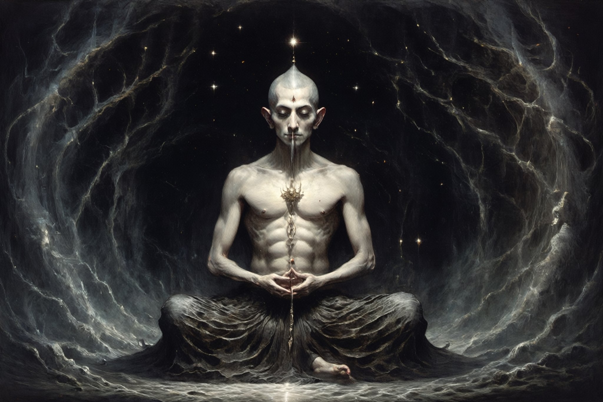 astrar body monk,monk doing zazen meditation
,back ground Lotus NEVULA, heightened  consciousness,other dimensions, ,Obsidian Enigma Art Style,