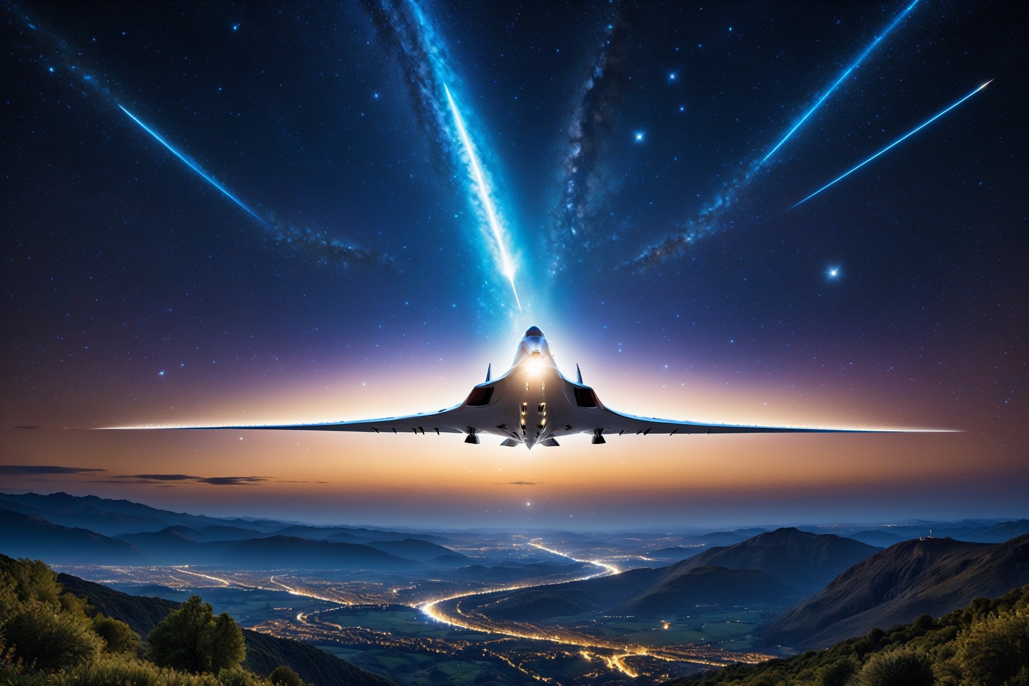 Envision a captivating night scene passenger concorde plane gracefully soaring through a star-studded sky,  leaving trails...