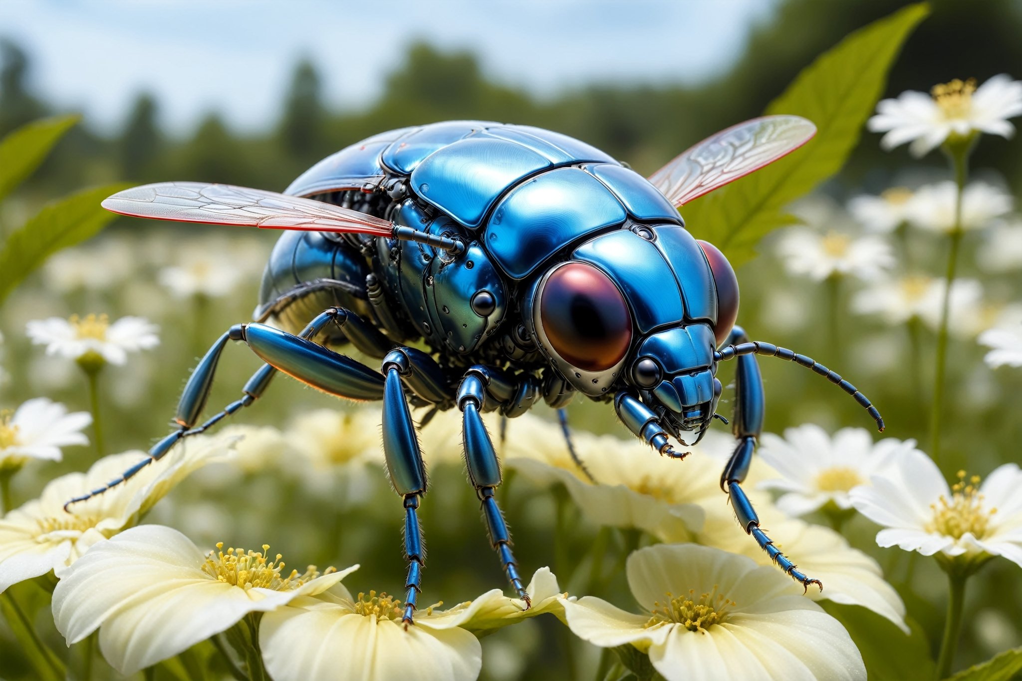 cinematic,  background blur garden with WHITE flowers,  chrome robotic body metal flying beetle RED BLUE and black color b...
