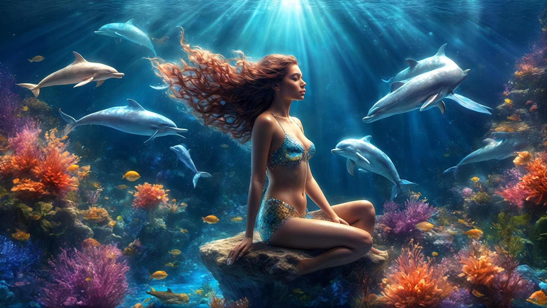 (5 MERMAIDS SWIMMING WITH BLUE DOLPHINS masterpiece,  4k ,  ultra-detailed:) by A.I. DIGITAL ARTS N.Y on Tensor.Art