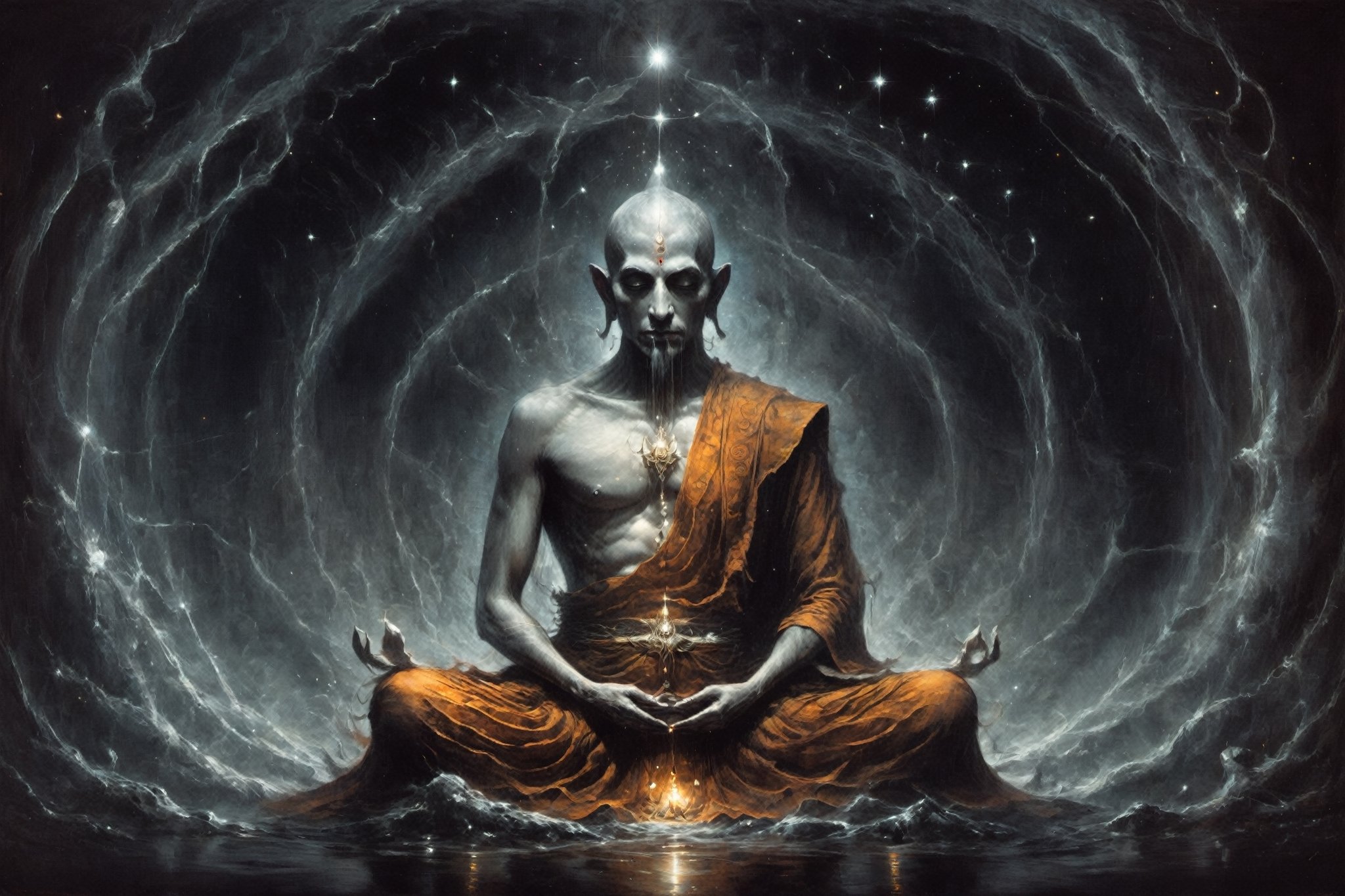 astrar body monk,monk doing zazen meditation
,back ground Lotus NEVULA, heightened  consciousness,other dimensions, ,Obsidian Enigma Art Style,