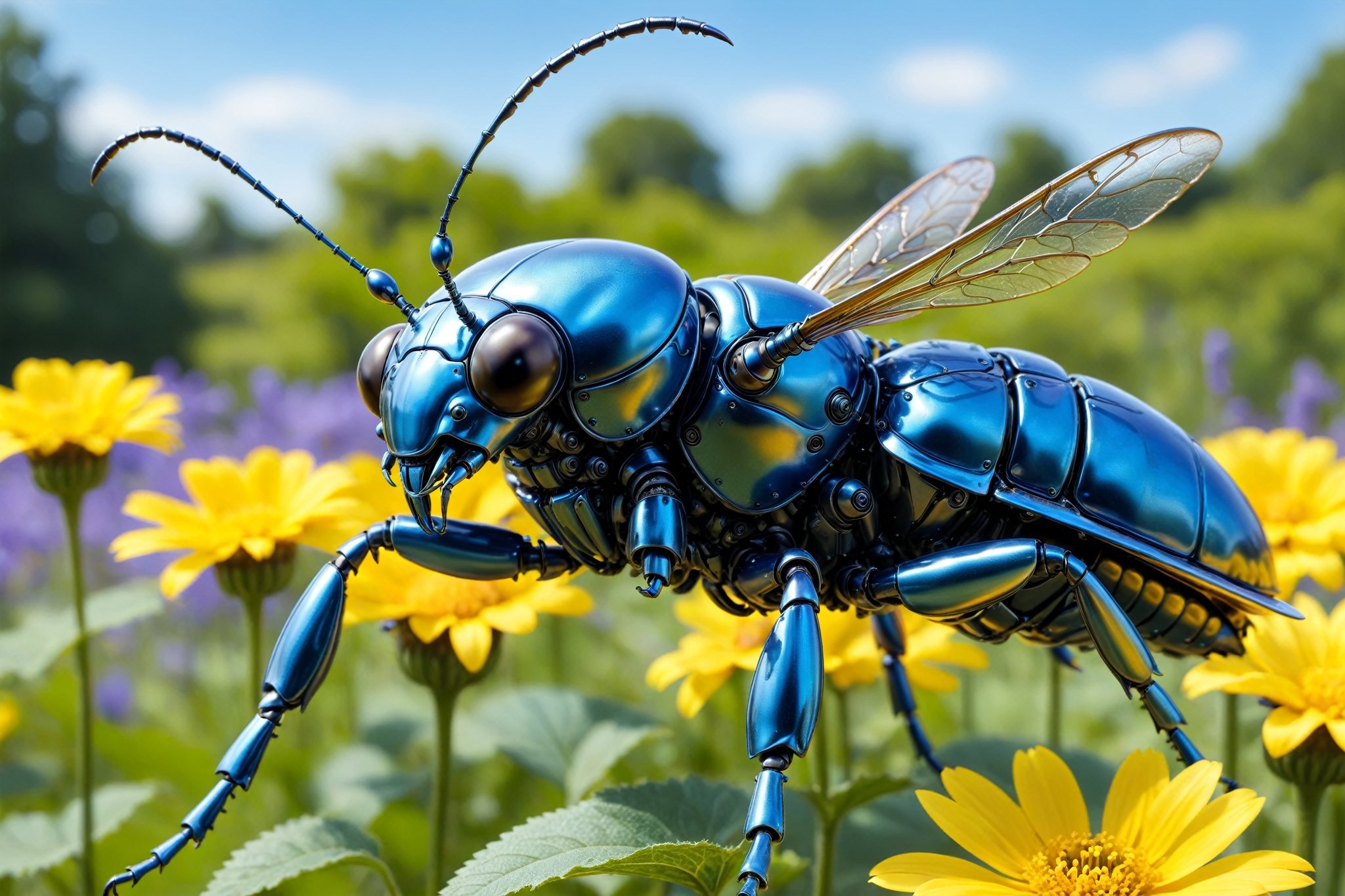 cinematic,  background blur garden with flowers,  chrome robotic body metal stag beetle BLUE YELLOW and black color by A.I...