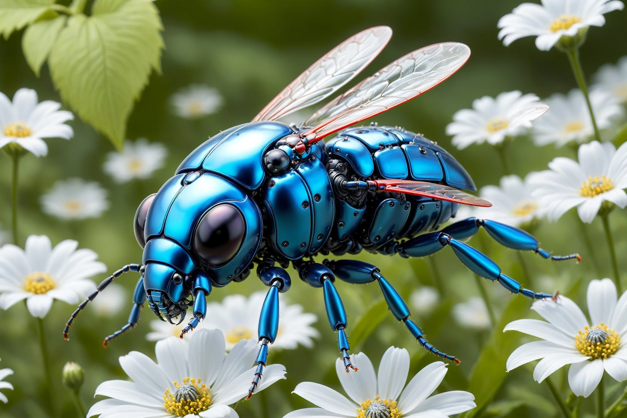 cinematic,  background blur garden with WHITE flowers,  chrome robotic body metal flying beetle RED BLUE and black color b...
