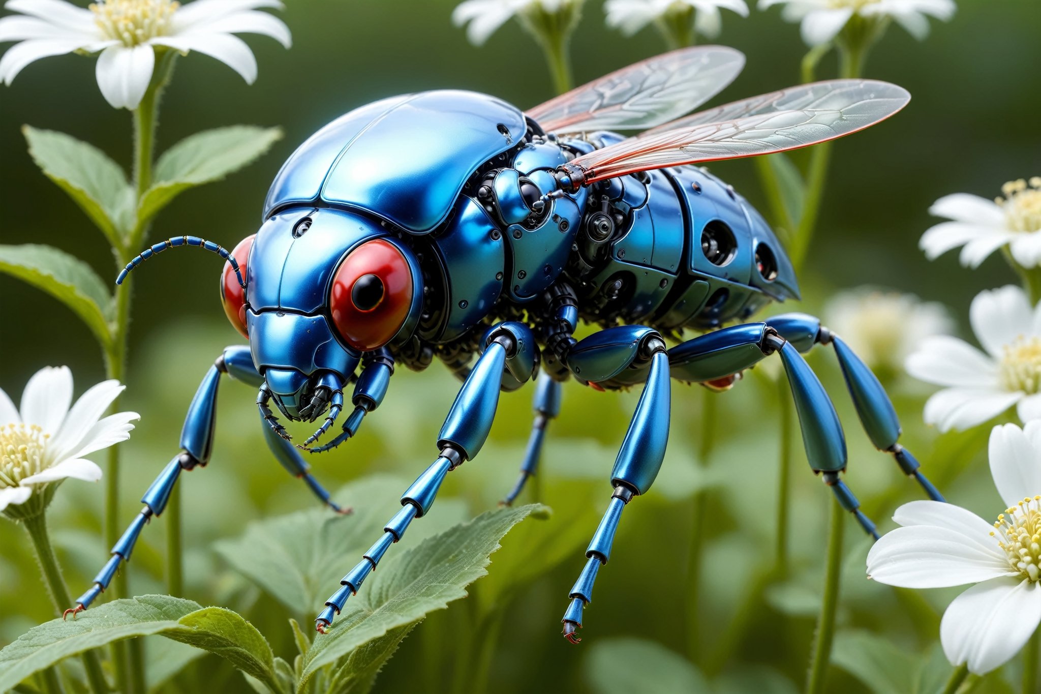cinematic,  background blur garden with WHITE flowers,  chrome robotic body metal flying beetle RED BLUE and black color b...