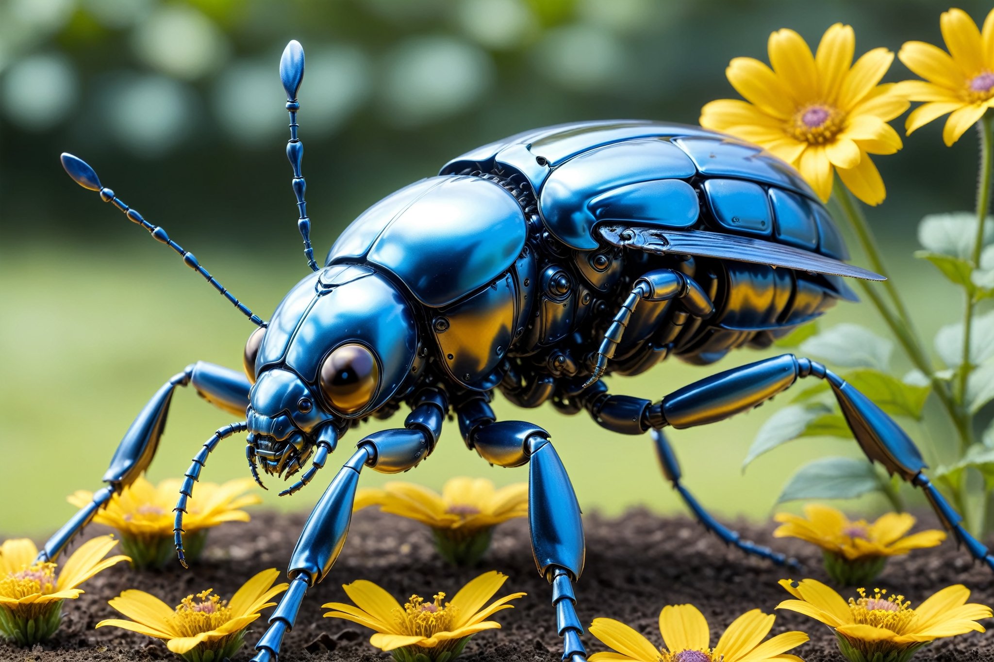 cinematic,  background blur garden with flowers,  chrome robotic body metal stag beetle BLUE YELLOW and black color by A.I...