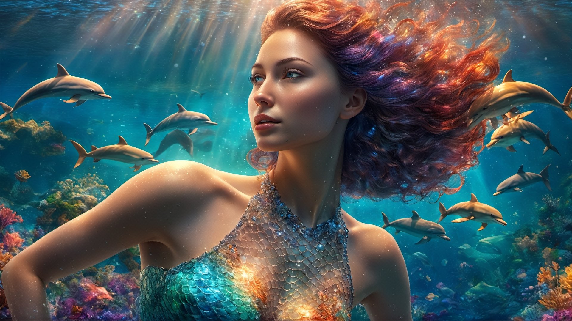 illustration,  high detailed professional photo of a transparent MERMAID SWIMMING WITH DOLPHINS in the ocean,  with glowin...