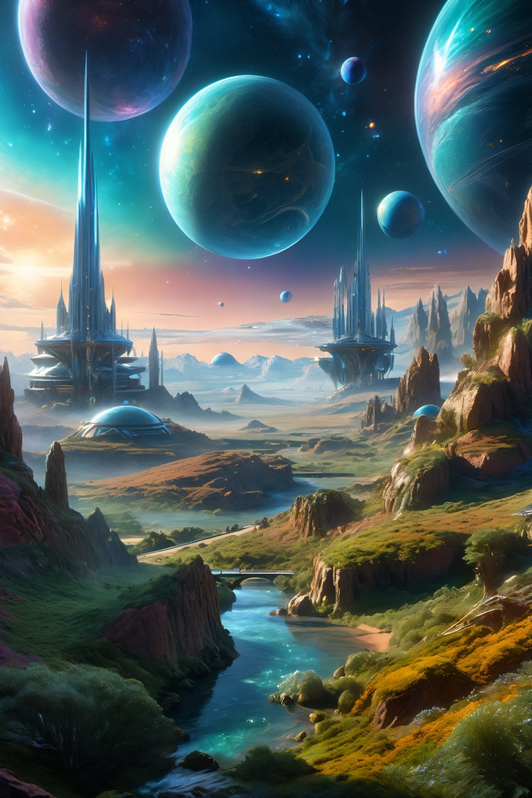 retro scifi landscape,  beautiful colours,  sharp textures by A.I. DIGITAL ARTS N.Y on Tensor.Art