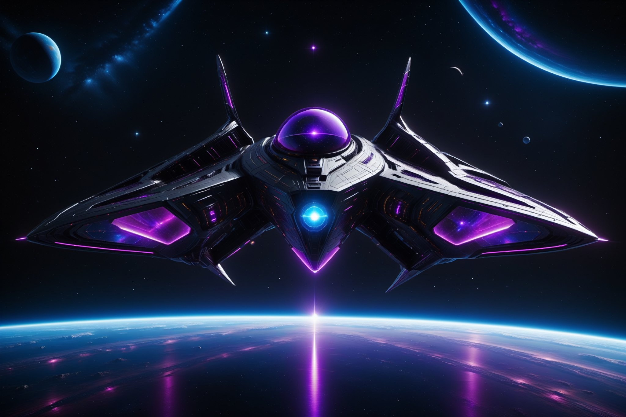 cyberpunk starship navigating the cosmos with sleek,  angular contours,  adorned by vibrant colored neon lights illuminati...