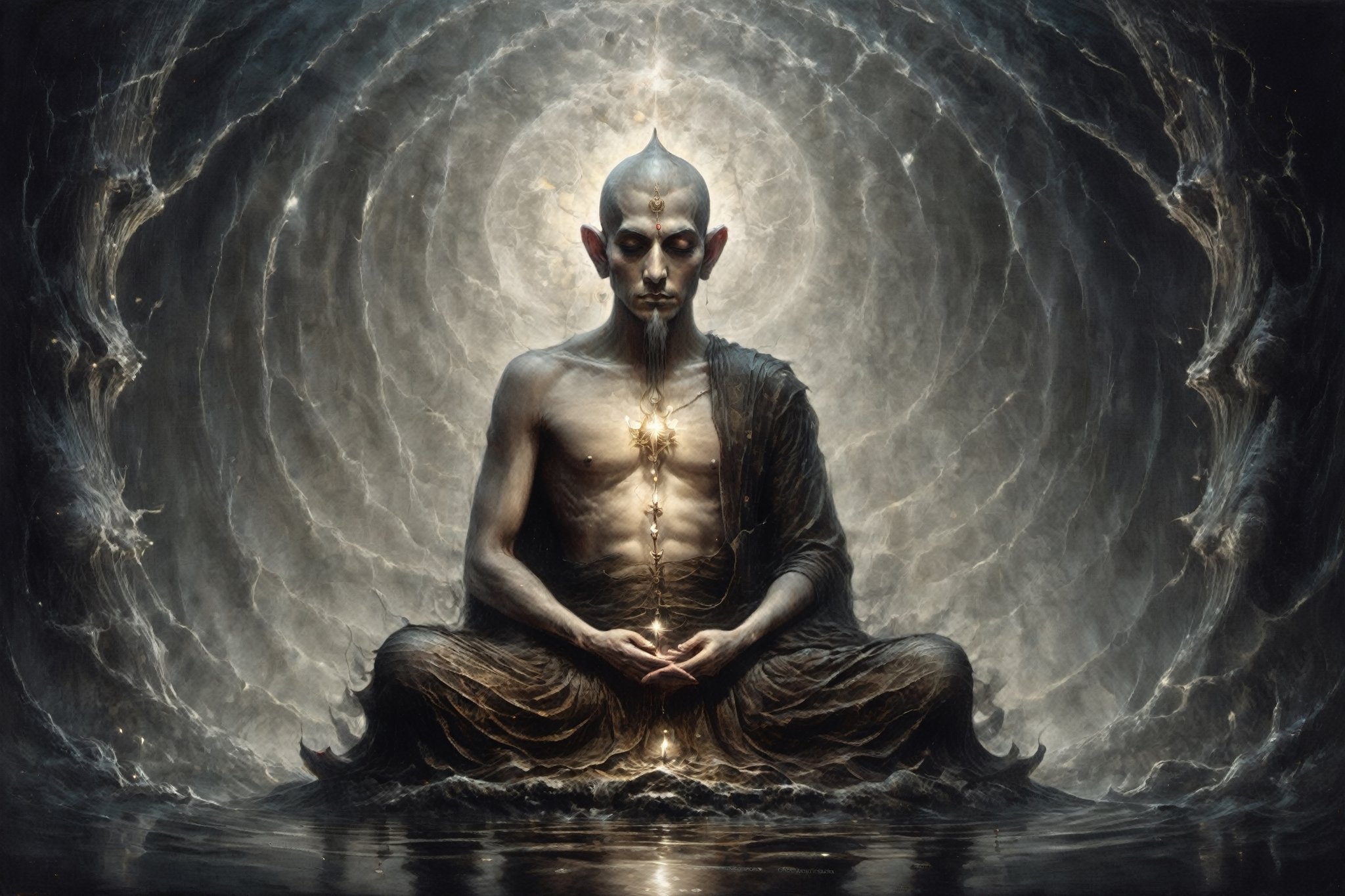 astrar body monk,monk doing zazen meditation
,back ground Lotus NEVULA, heightened  consciousness,other dimensions, ,Obsidian Enigma Art Style,