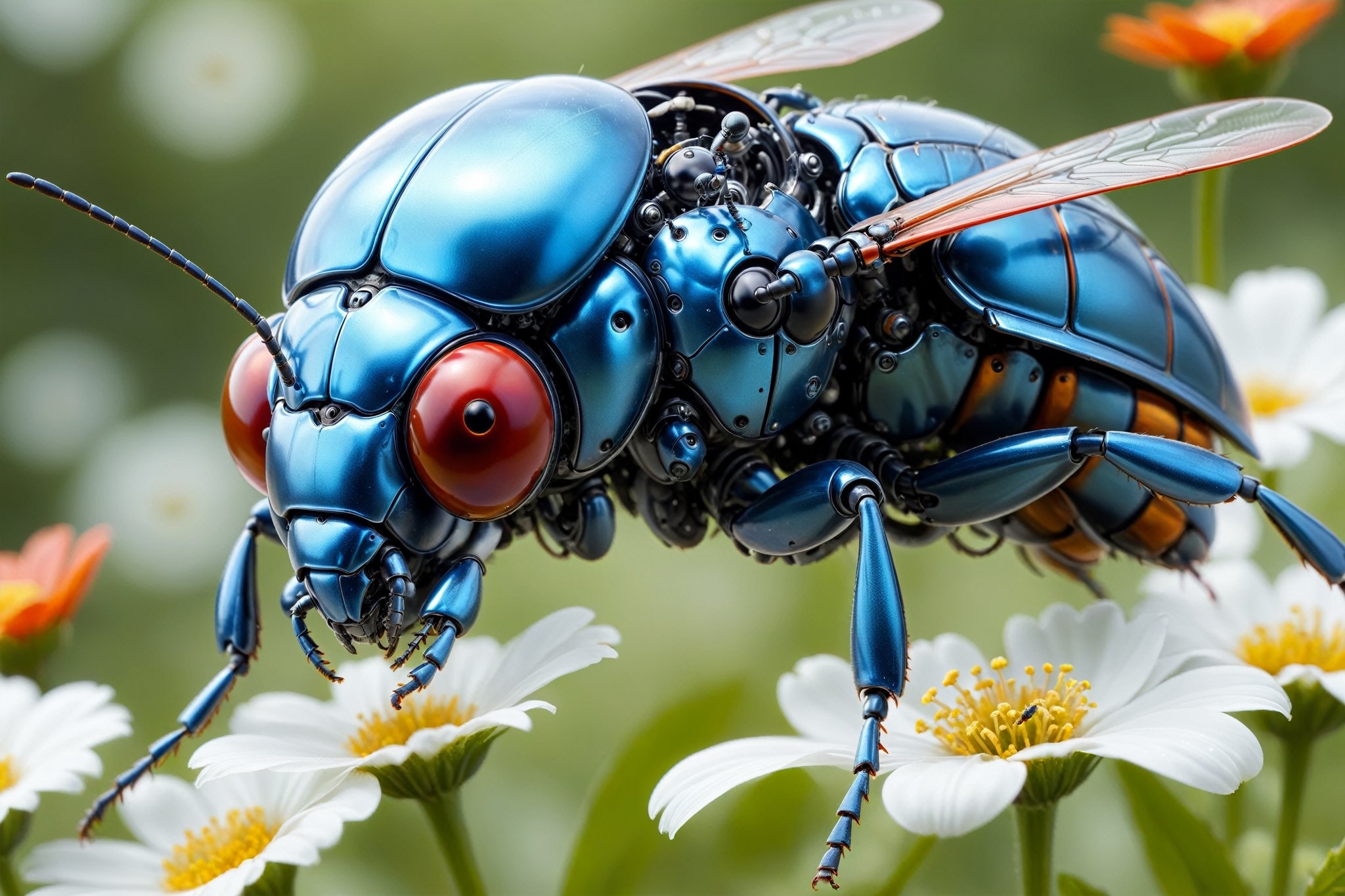 cinematic,  background blur garden with WHITE flowers,  chrome robotic body metal flying beetle RED BLUE and black color b...