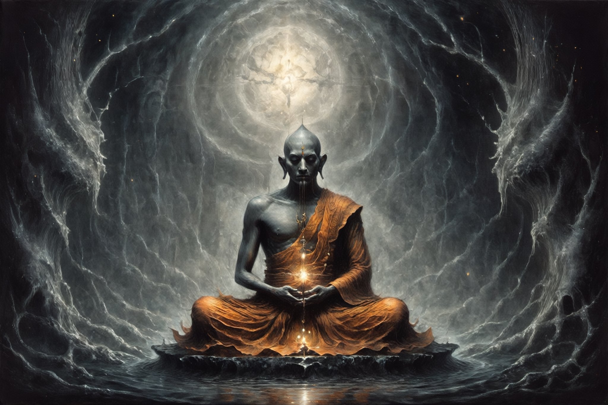 astrar body monk,monk doing zazen meditation
,back ground Lotus NEVULA, heightened  consciousness,other dimensions, ,Obsidian Enigma Art Style,