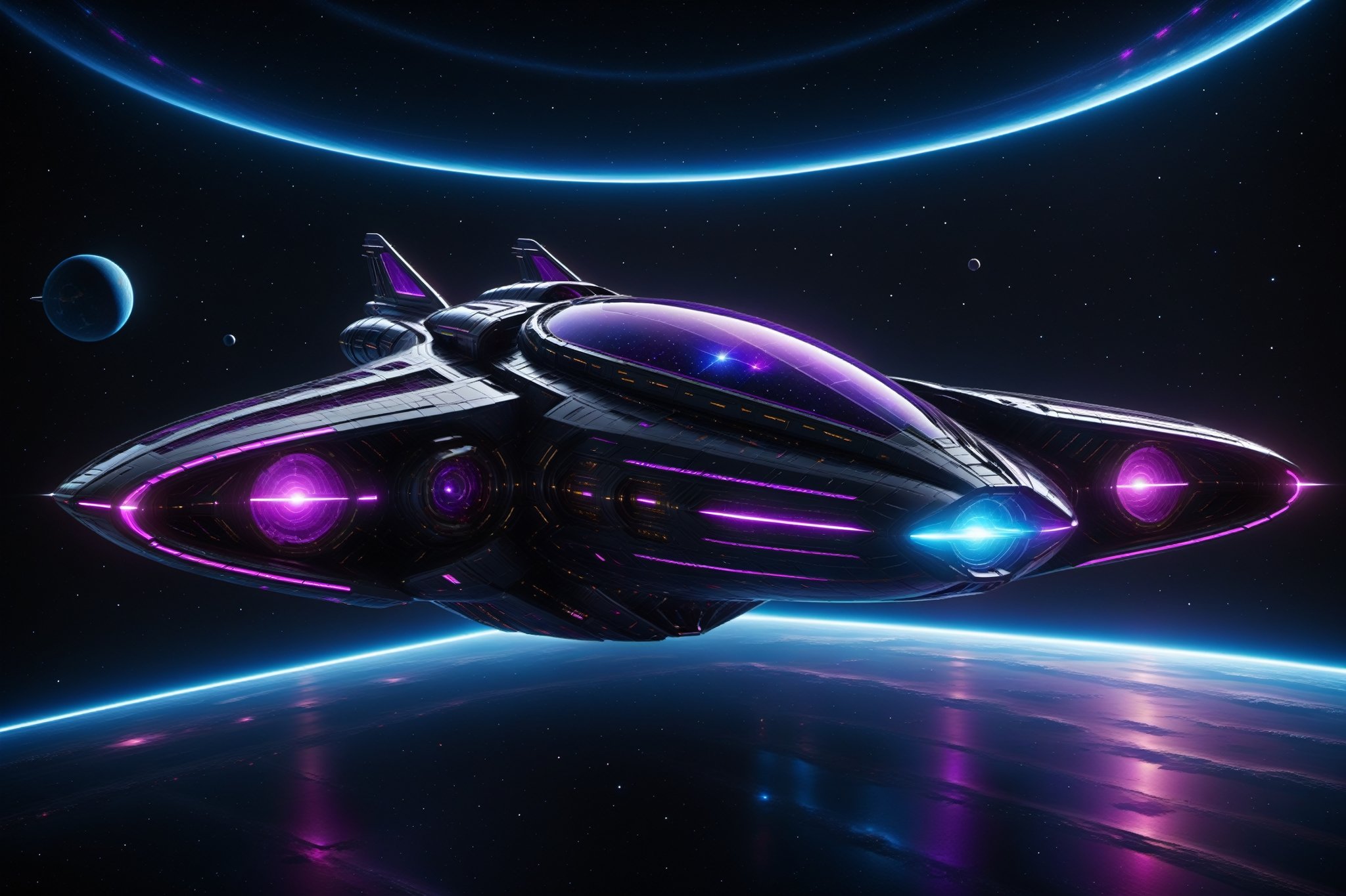 cyberpunk starship navigating the cosmos with sleek,  angular contours,  adorned by vibrant colored neon lights illuminati...