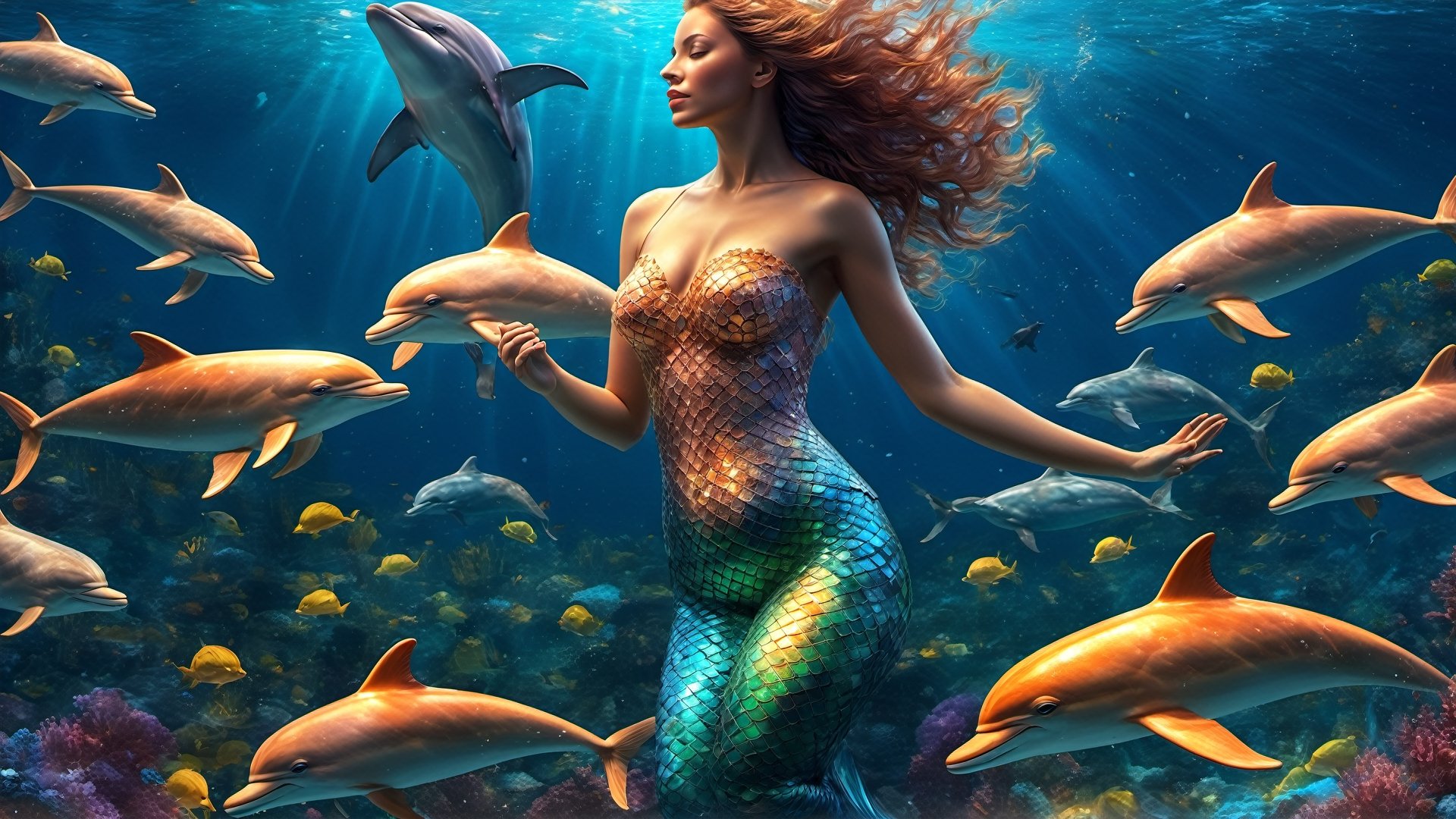 illustration,  high detailed professional photo of a transparent MERMAID SWIMMING WITH DOLPHINS in the ocean,  with glowin...