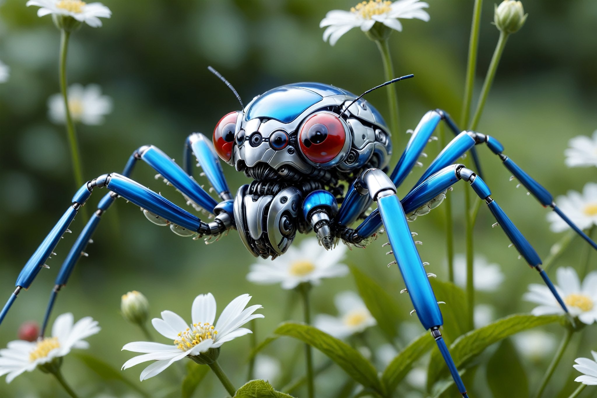 cinematic,  background blur garden with WHITE flowers,  chrome robotic body metal flying SPIDERS RED BLUE and black color...