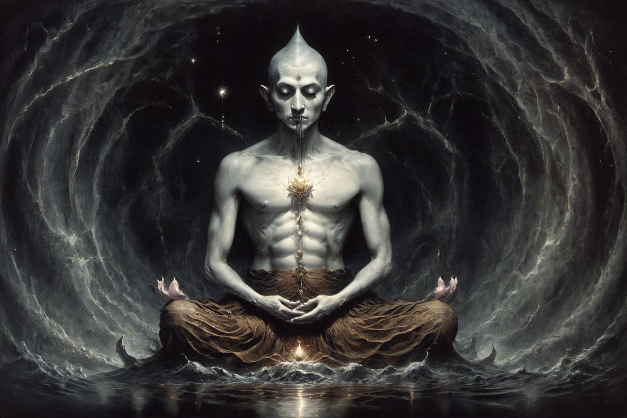 astrar body monk,monk doing zazen meditation
,back ground Lotus NEVULA, heightened  consciousness,other dimensions, ,Obsidian Enigma Art Style,