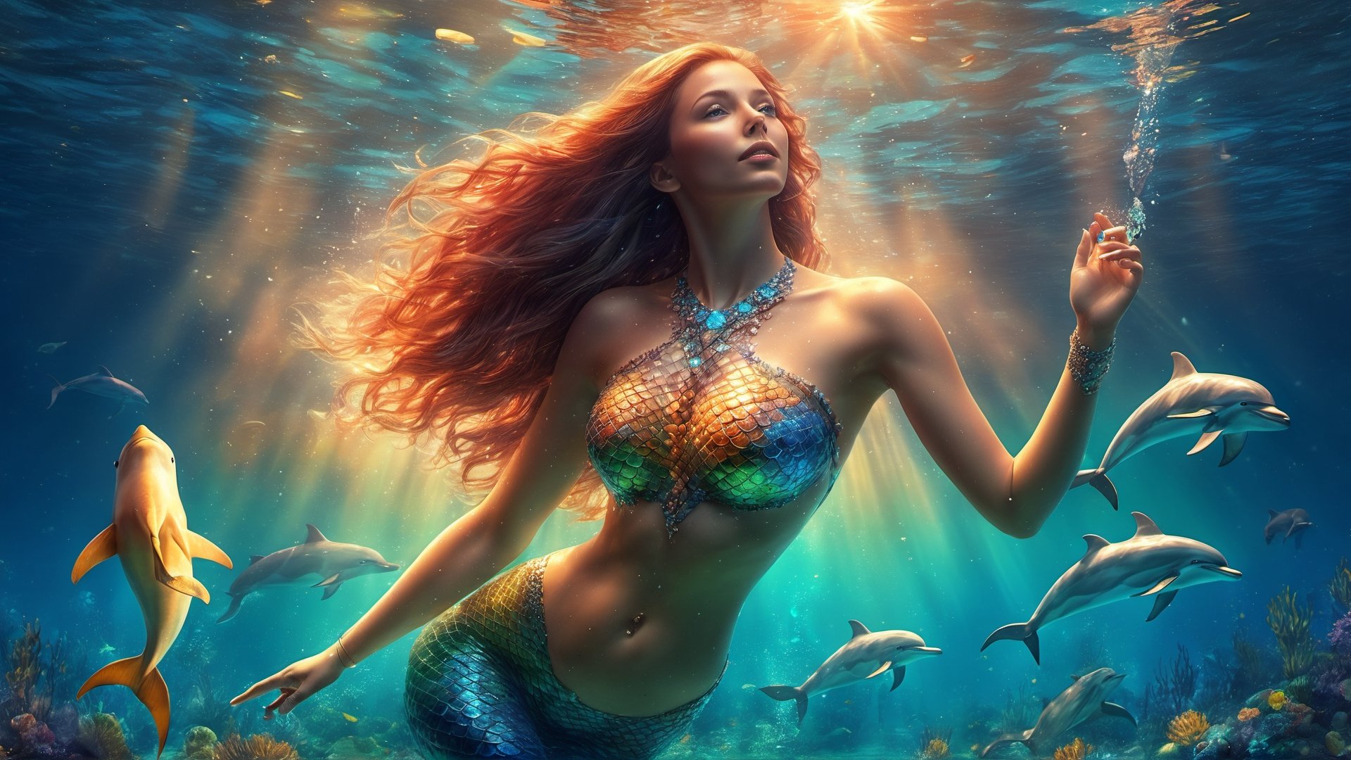 illustration,  high detailed professional photo of a transparent MERMAID SWIMMING WITH DOLPHINS in the ocean,  with glowin...