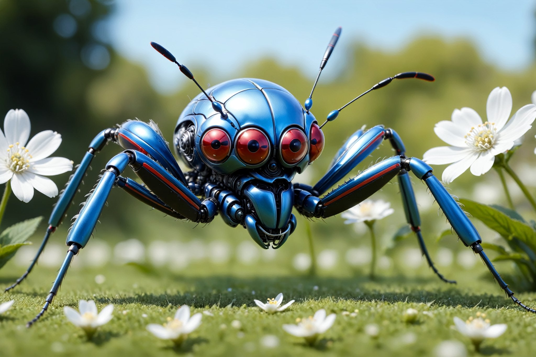 cinematic,  background blur garden with WHITE flowers,  chrome robotic body metal flying SPIDERS RED BLUE and black color...