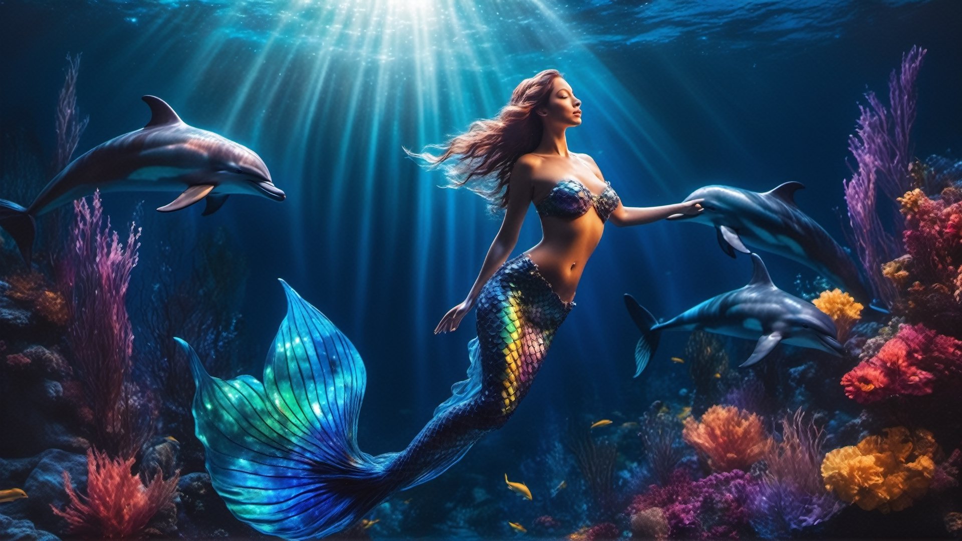 high detailed professional photo of a transparent MERMAID SWIMMING WITH DOLPHINS in the ocean,  with glowing backlit panel...