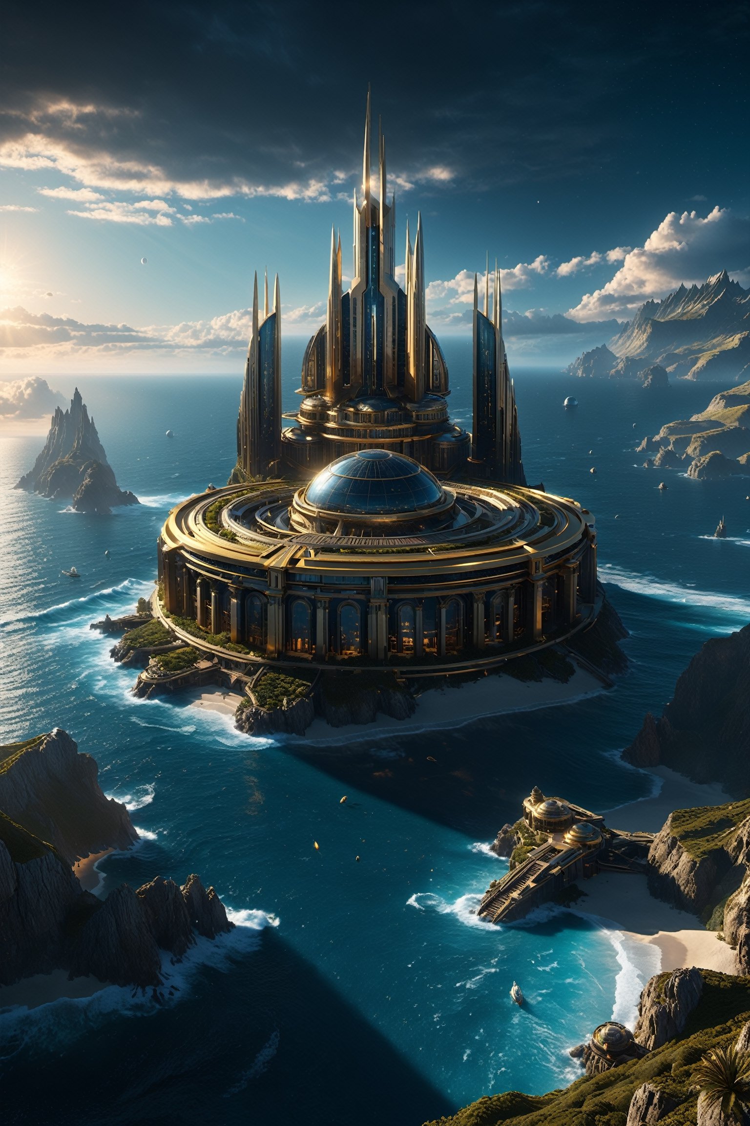 A Photograph: Behold a breathtaking vista of a hyperdetailed Renaissance Sci-Fi Fantasy world,  a coastal town nestled gra...