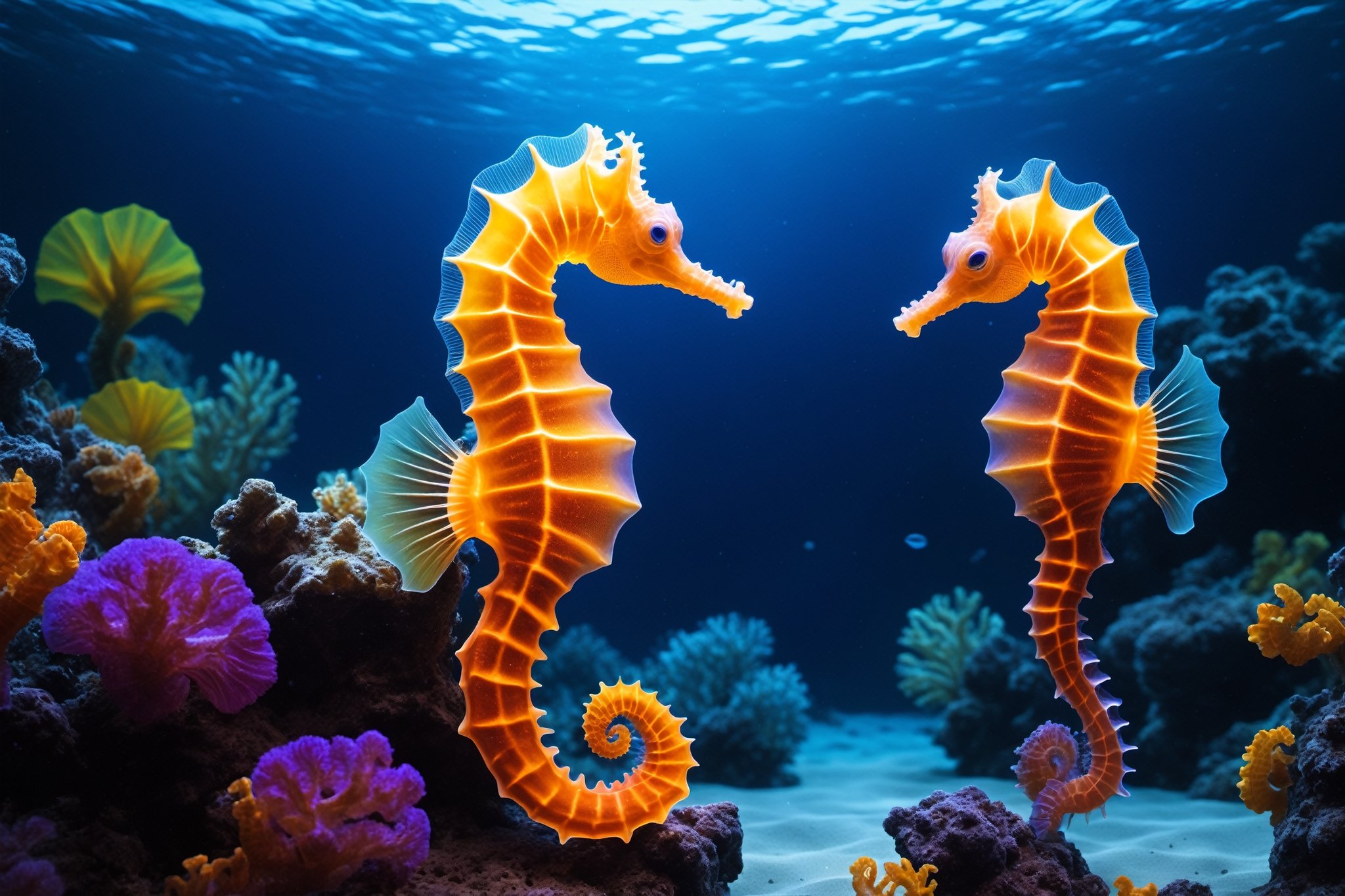 best quality, masterpiece, 8k, ultra detailed, ultra realistic, 3 X seahorseS glowing in blacklight, cinematic, Movie Still, high resolution, hyperrealistic photography, photorealistic, professional photography, underwater landscape