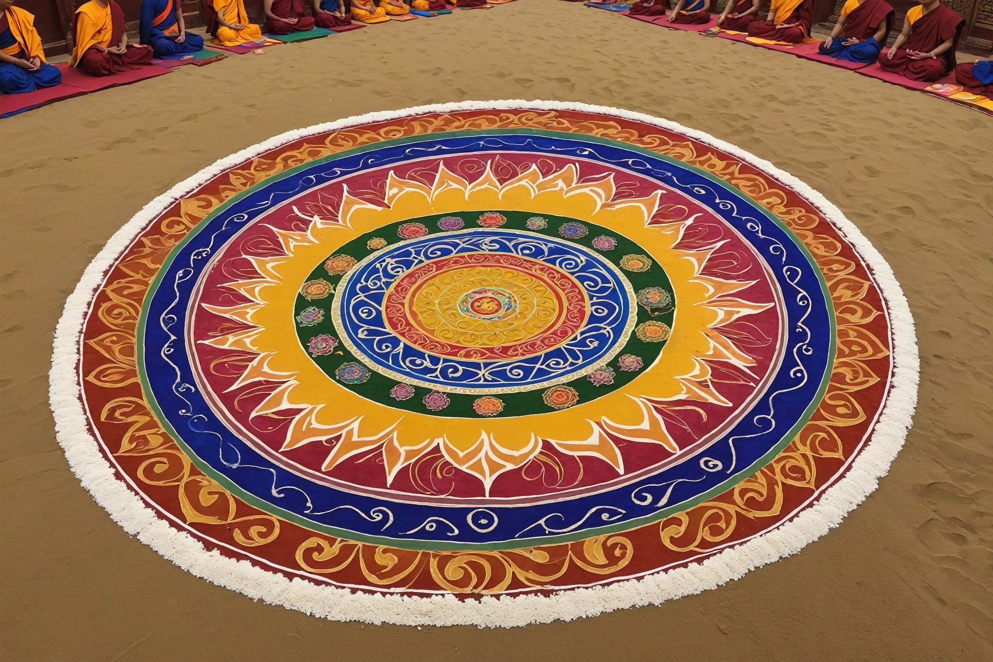 Create a realistic an image of A Sand mandala which are colorful mandalas made from sand that are ritualistically destroye...