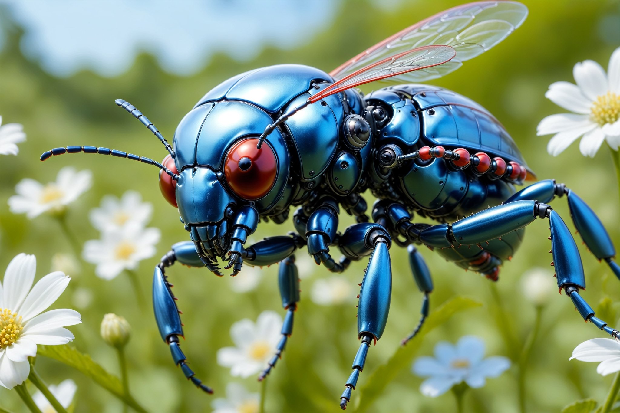 cinematic,  background blur garden with WHITE flowers,  chrome robotic body metal flying beetle RED BLUE and black color b...